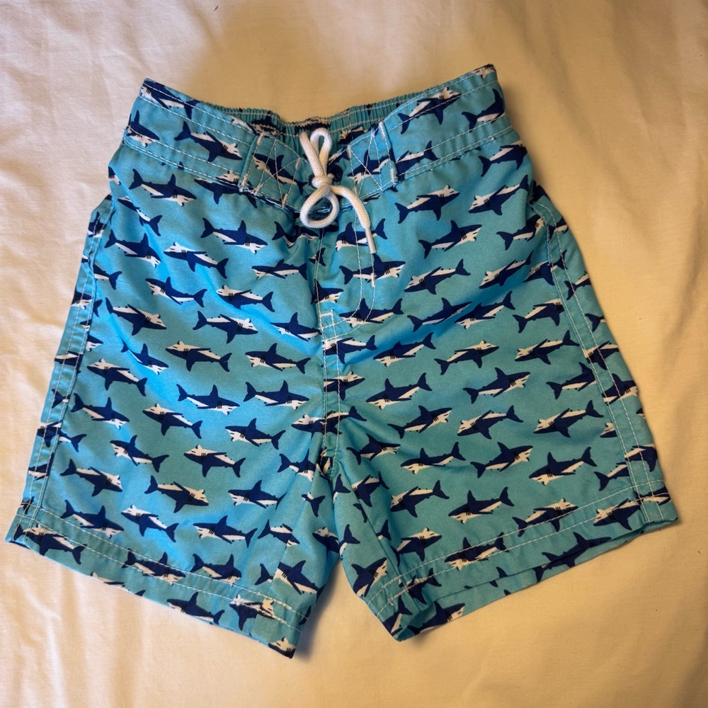 Janie and Jack Aqua and Navy Shark Swim Trunks